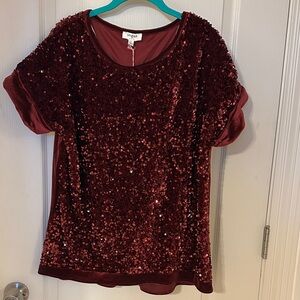 Umgee Burgundy Sequin and Velvet Short Sleeve Top. Size S - runs Large NWT